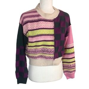 BP. Women Patchwork Mixed Pattern Cropped Sweater Pink Purple Green Small Artsy